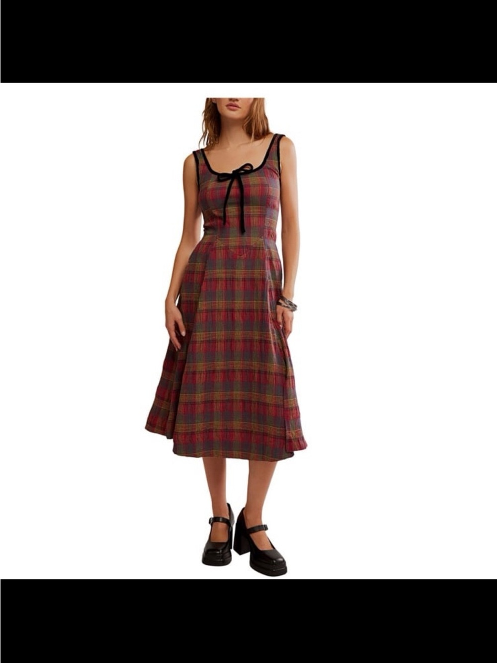 NWOT free people women’s Freya plaid scoop neck midi dress color cherry combo S